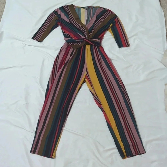 Express Stripped Short Sleeve Twist Front Jumpsuit, Color Multicolor Size XS - Picture 3 of 14